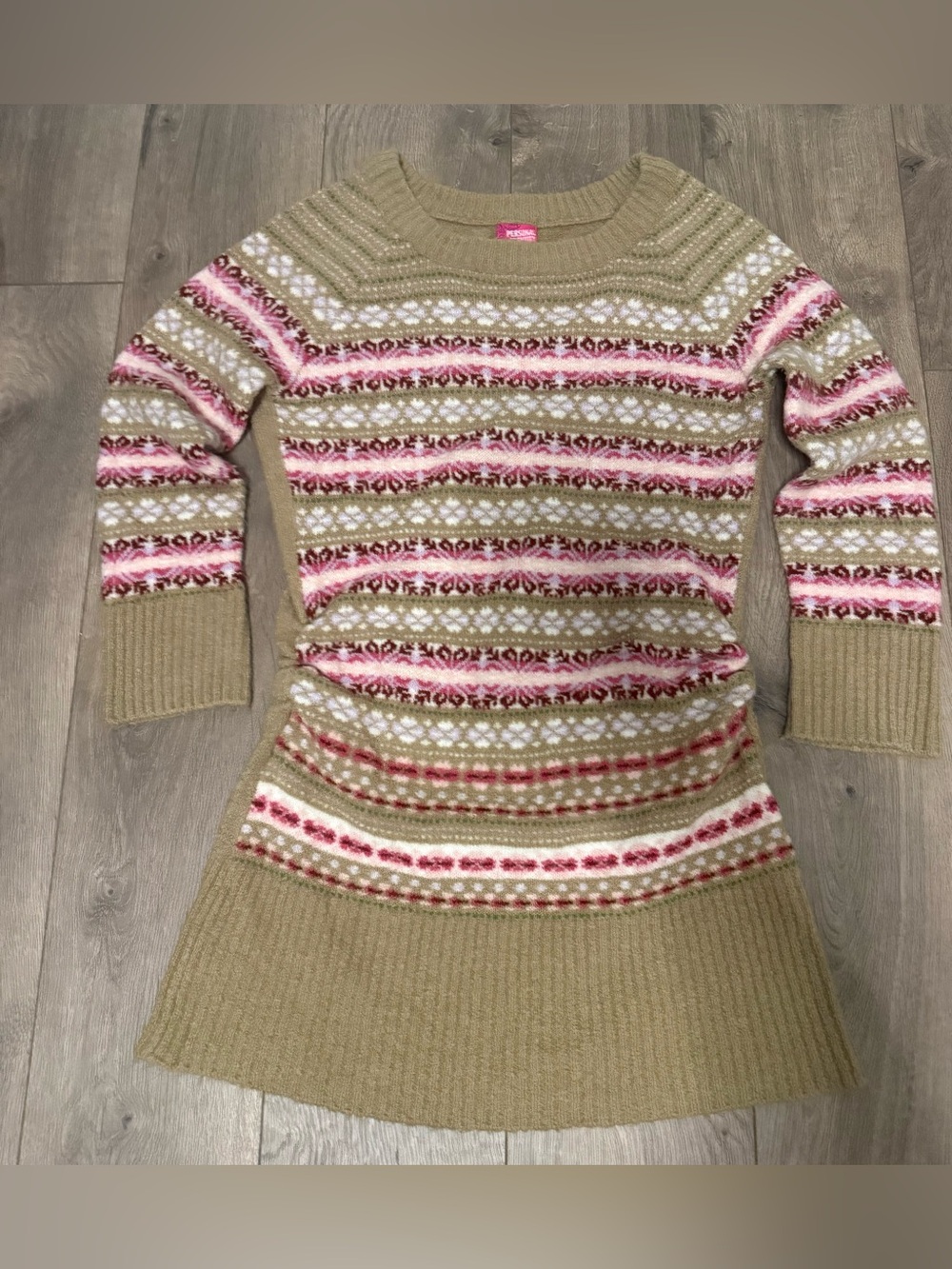 Women’s Olive Green Fair Isle Knit Sweater Dress - Pink & White Stripes
